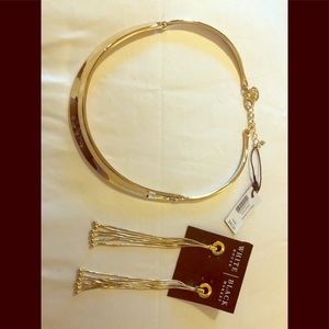 Gold choker with gold dangle earrings